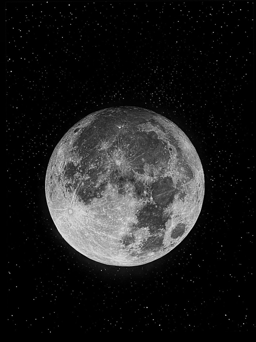 Black and white image of the Moon with stars